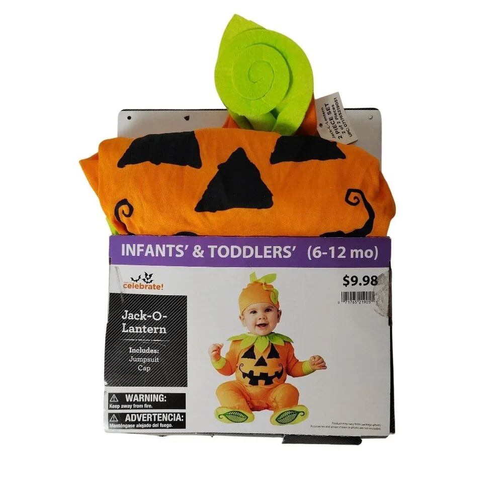 Infant 6-12 Months Pumpkin Jack-O-Lantern Jumpsuit and Cap Halloween Costume
